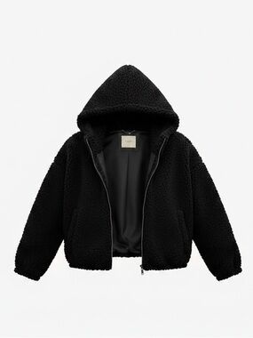 Lucky Brand Black Teddy Sherpa Hooded Jacket Women’s L Oversized Full Zip Cozy